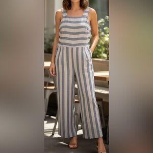 Altar'd State Blue Ivory Striped Nautical Sailor Linen Blend Jumpsuit Size Small